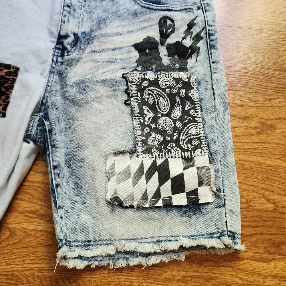 Rue 21 Supreme Flex Acid Wash Distressed Denim Patchwork Shorts Mens Size 38 New